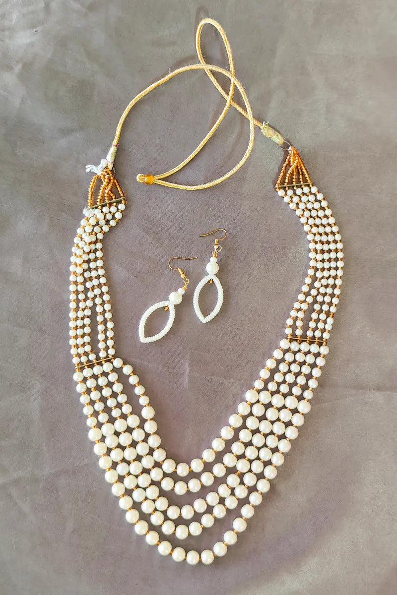 White Color  Pearl Layer Neckpiece  With Dangle Earrings