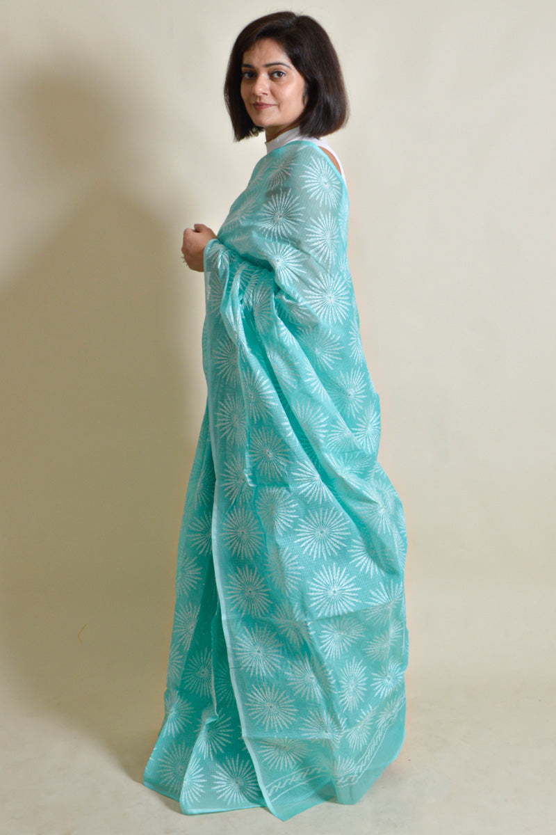 Sea Green Colour Kota Cotton Lucknowi Chikankari Saree With Blouse