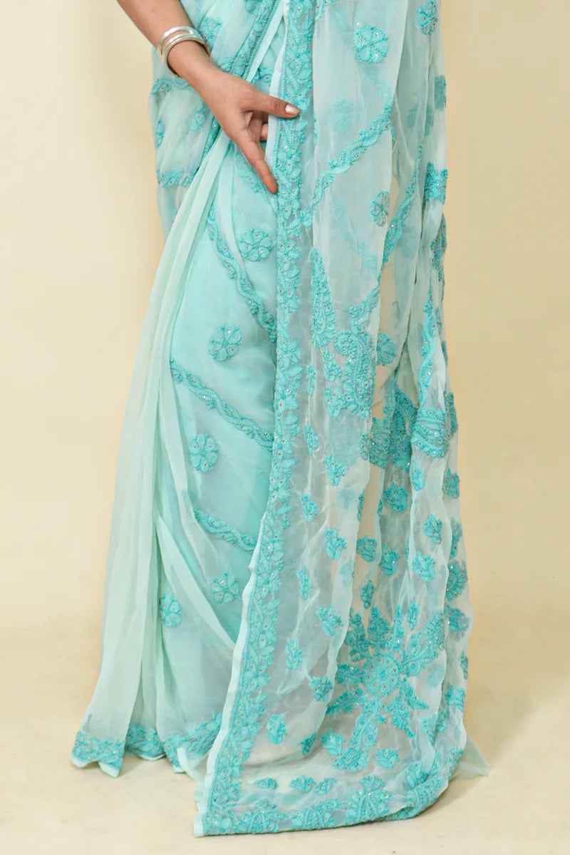 Sky Blue  Colour Georgette Lucknowi Chikankari Saree With Blouse