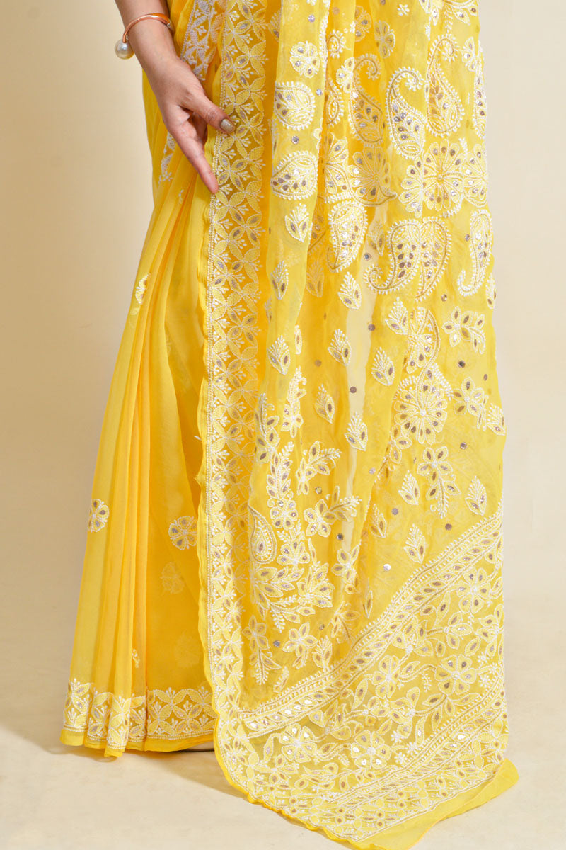 Yellow Colour Georgette Lucknowi Chikankari Saree With Blouse