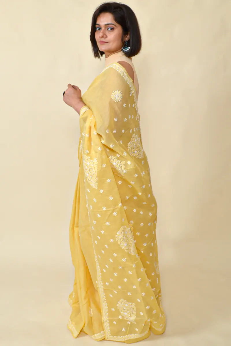 Fabnuma Handcrafted Yellow Cotton Chikankari Saree-Blouse