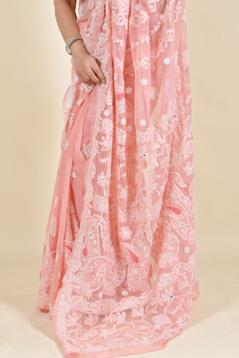 Peach Colour Georgette Lucknowi Chikankari Saree With Blouse