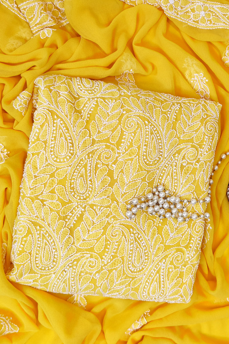 Yellow Colour Georgette Lucknowi Chikankari 3pcs Unstiched Suit Set