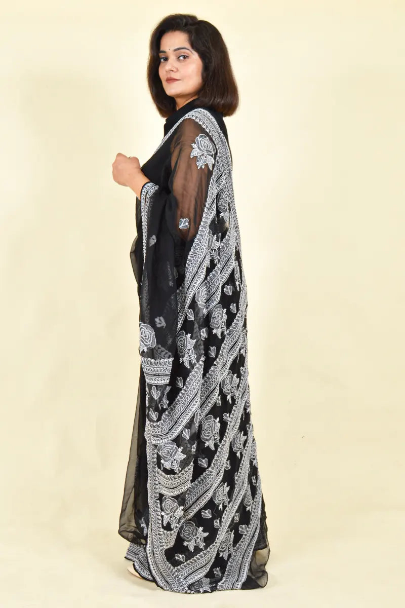 Black Colour Georgette Lucknowi Chikankari Saree With Blouse