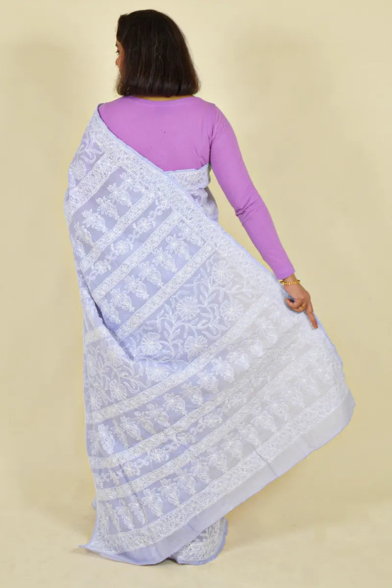 Lavender Colour Cotton Lucknowi Chikankari Saree With Blouse