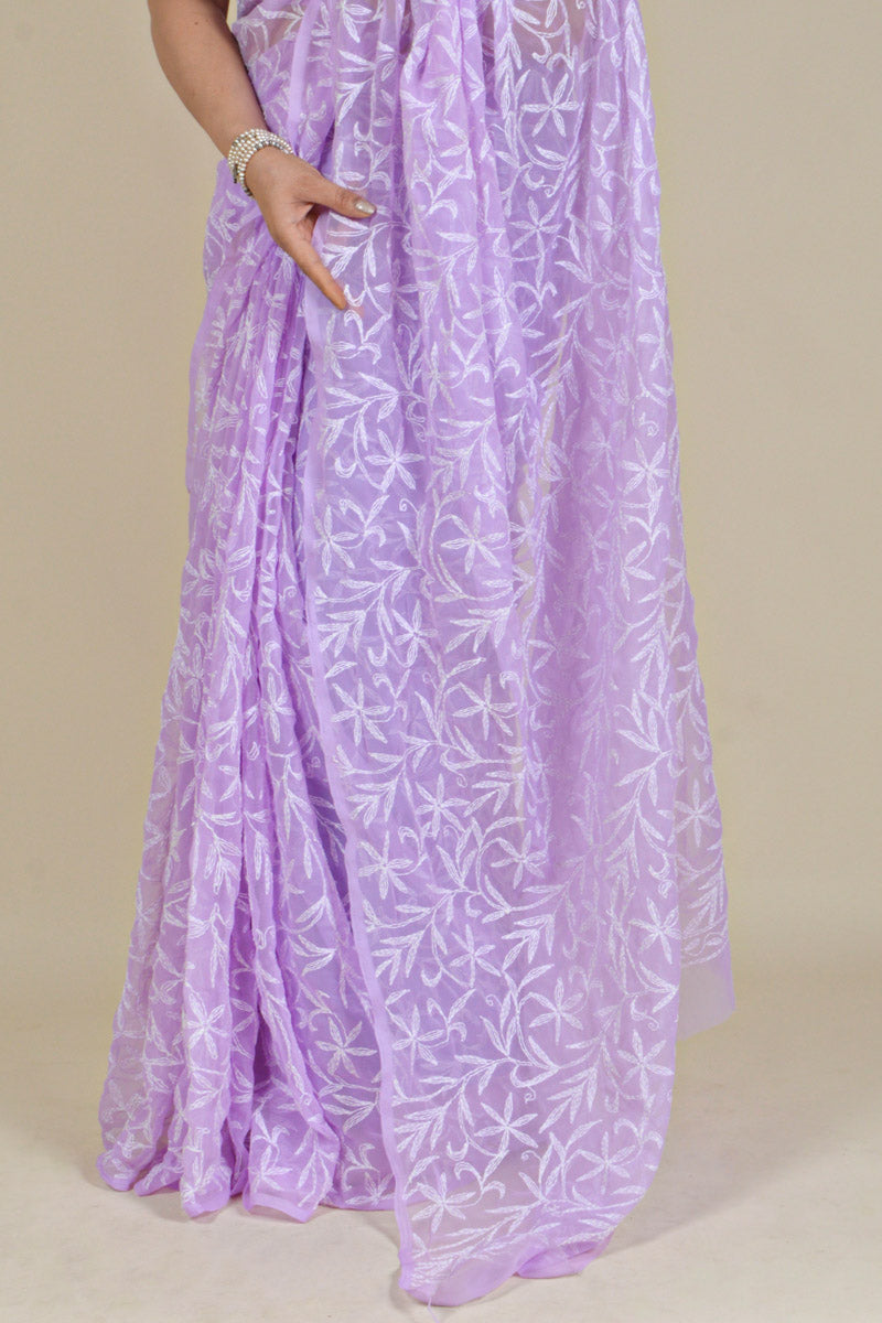 Lavender Colour Georgette Tepchi Work Lucknowi Chikankari Saree With Blouse