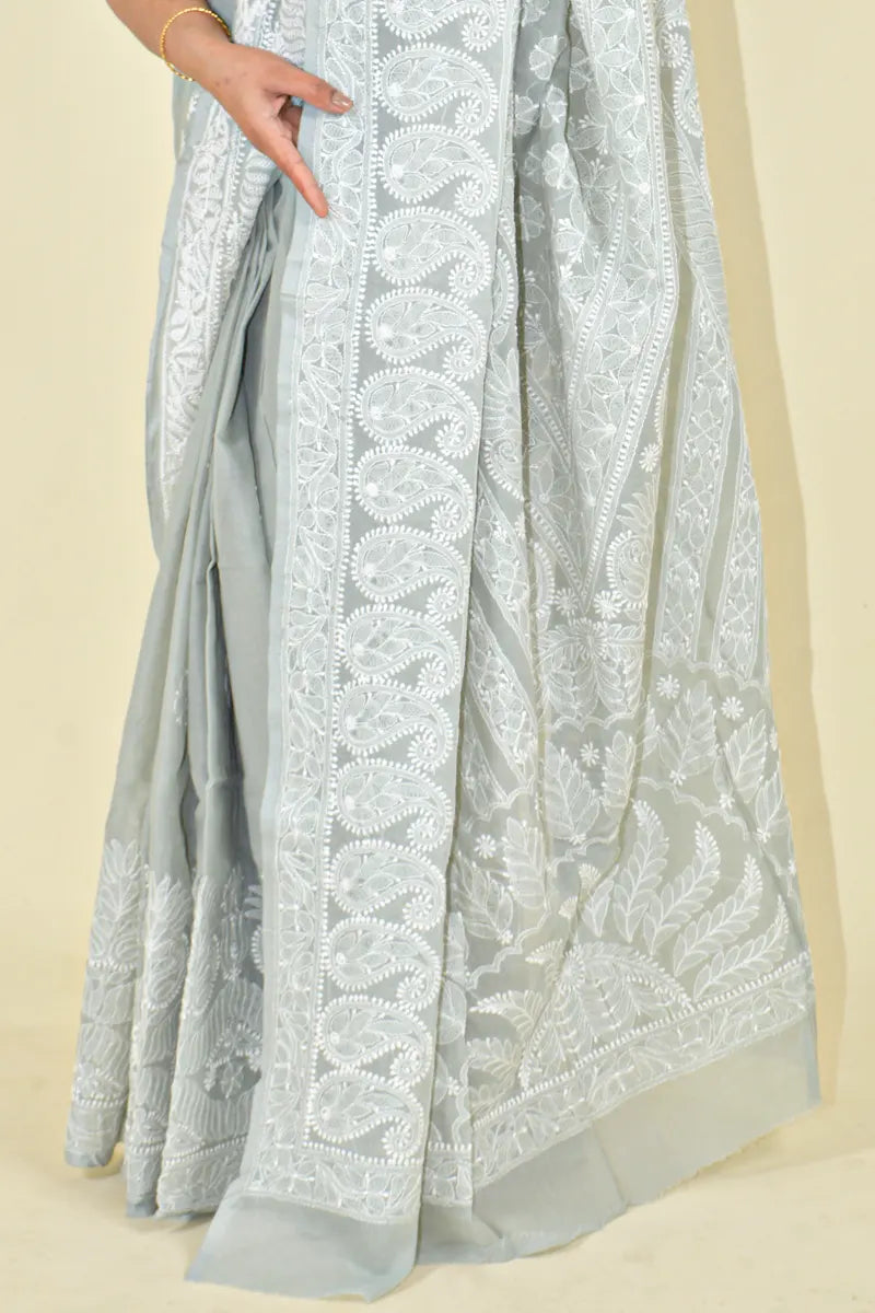 Gray Colour Cotton Lucknowi Chikankari Saree With Blouse