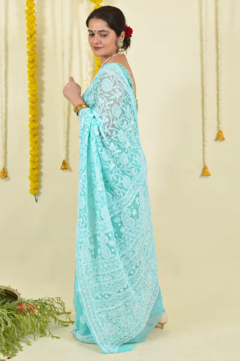 Sea Green Colour Georgette Lucknowi Chikankari Saree With Blouse