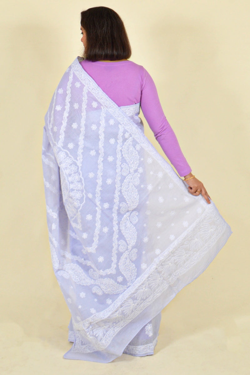 Lavender Colour Cotton Lucknowi Chikankari Saree With Blouse