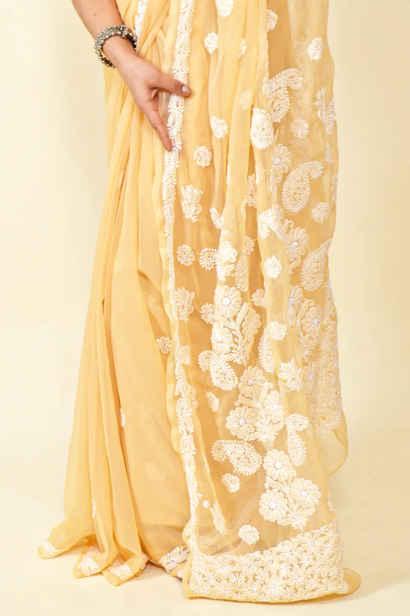 Fawn Colour Georgette Lucknowi Chikankari Saree With Blouse