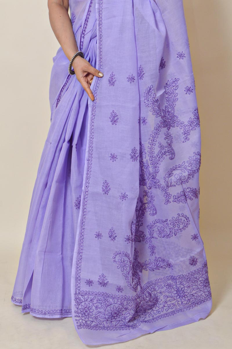 Lavender Colour Cotton  Lucknowi Chikankari saree with Blouse