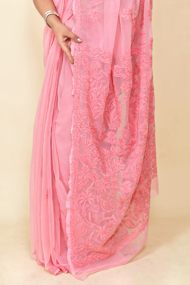 Peach Colour Georgette Lucknowi Chikankari Saree With Blouse