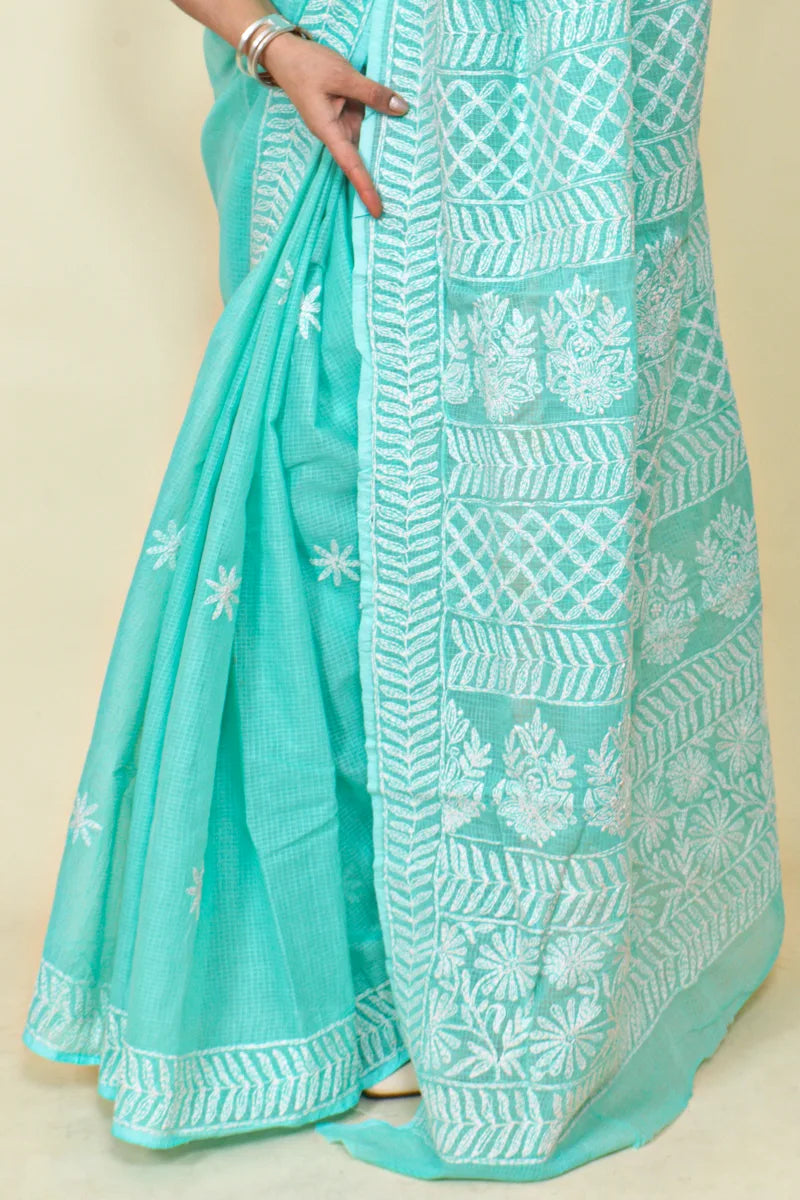 Sea Green Colour Kota Cotton Lucknowi Chikankari Saree With Blouse