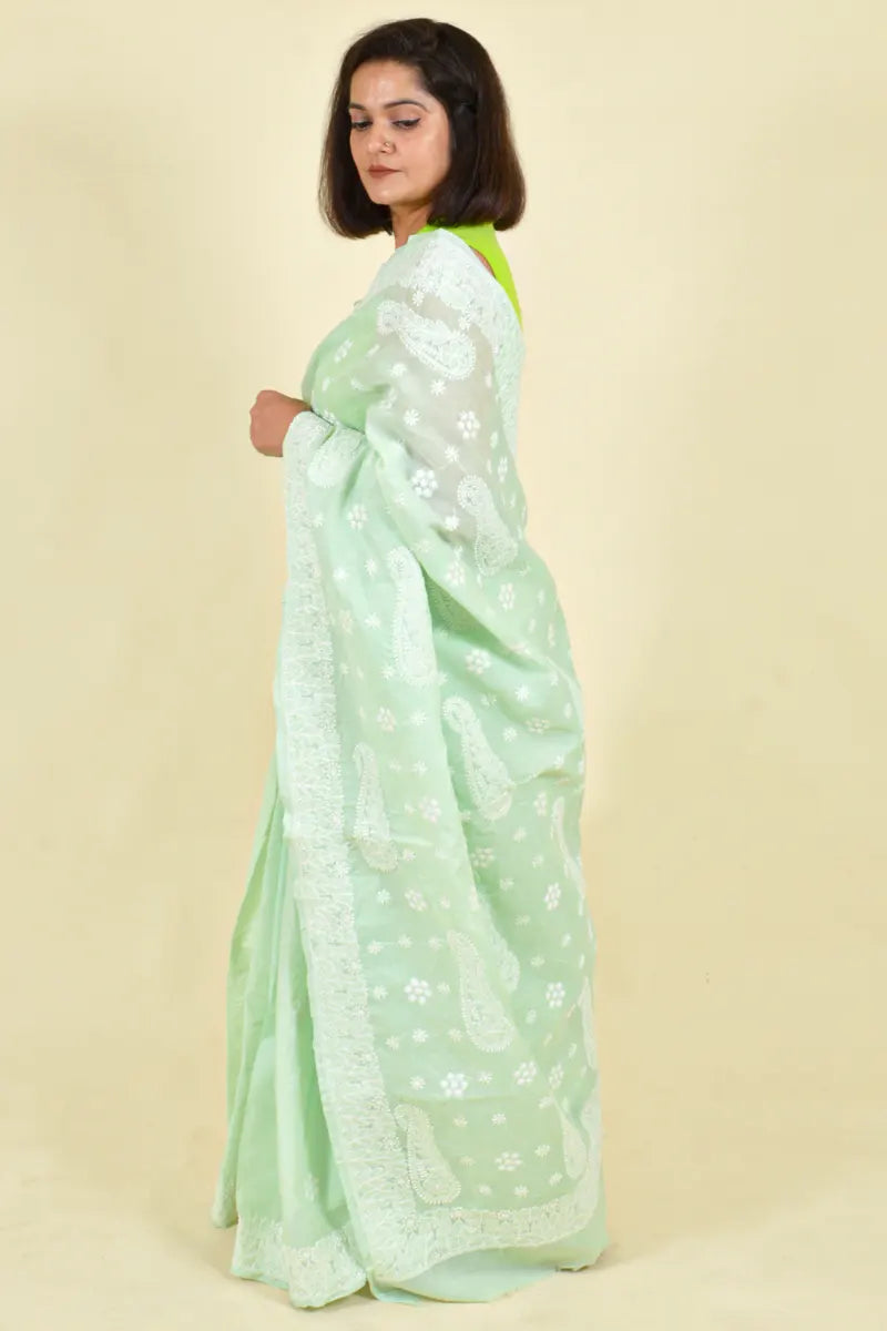 Fabnuma Handcrafted Mint Green Cotton Chikankari Saree-Blouse