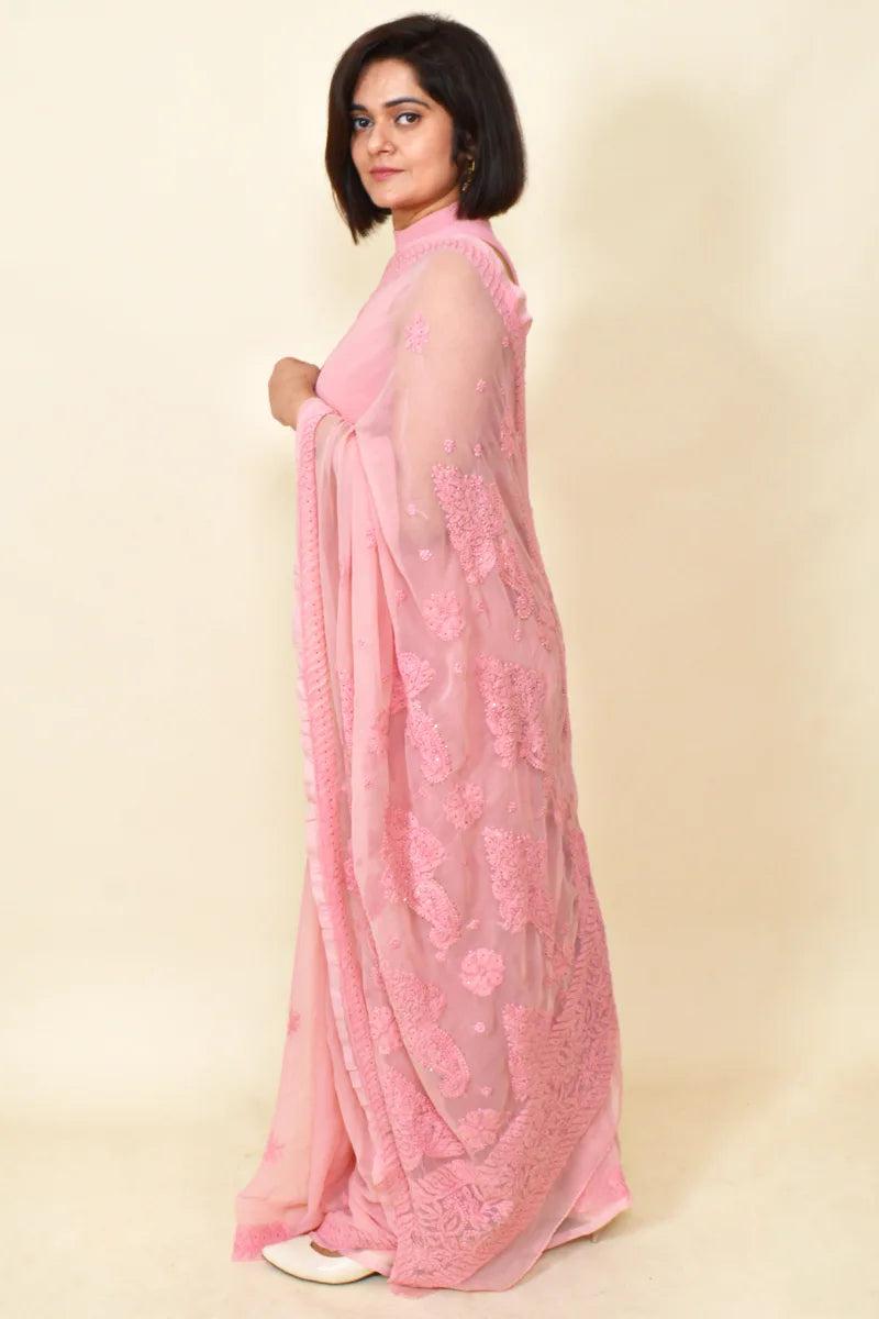 Peach Colour Georgette Lucknowi Chikankari Saree With Blouse