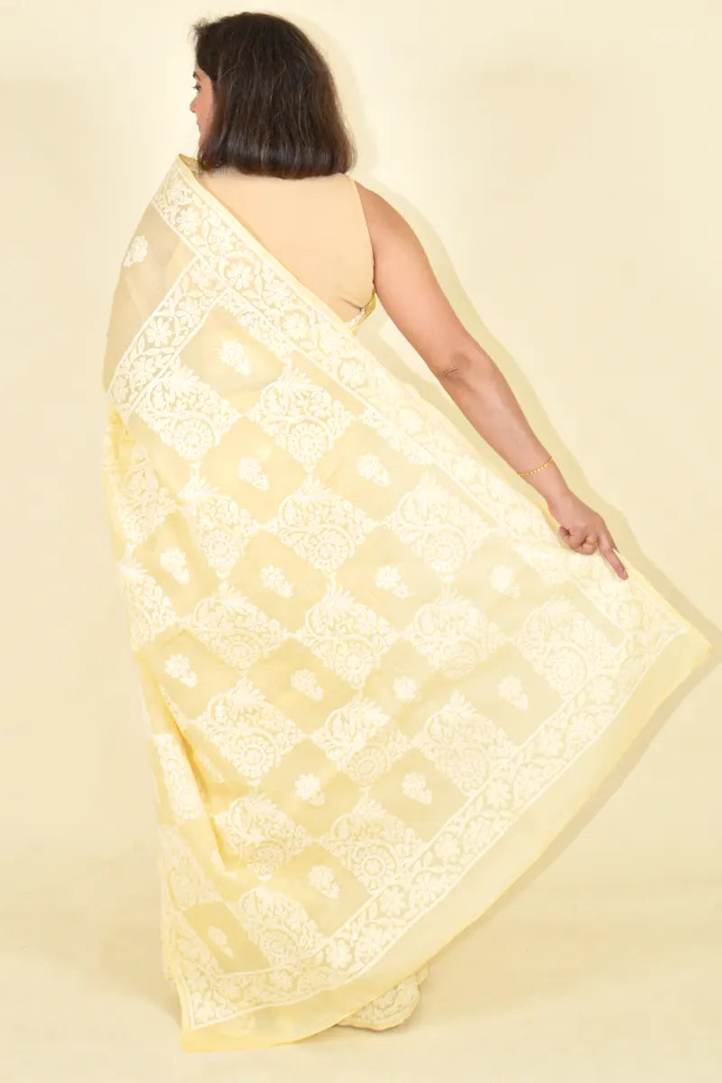 Fawn Colour Cotton Lucknowi Chikankari Saree With Blouse