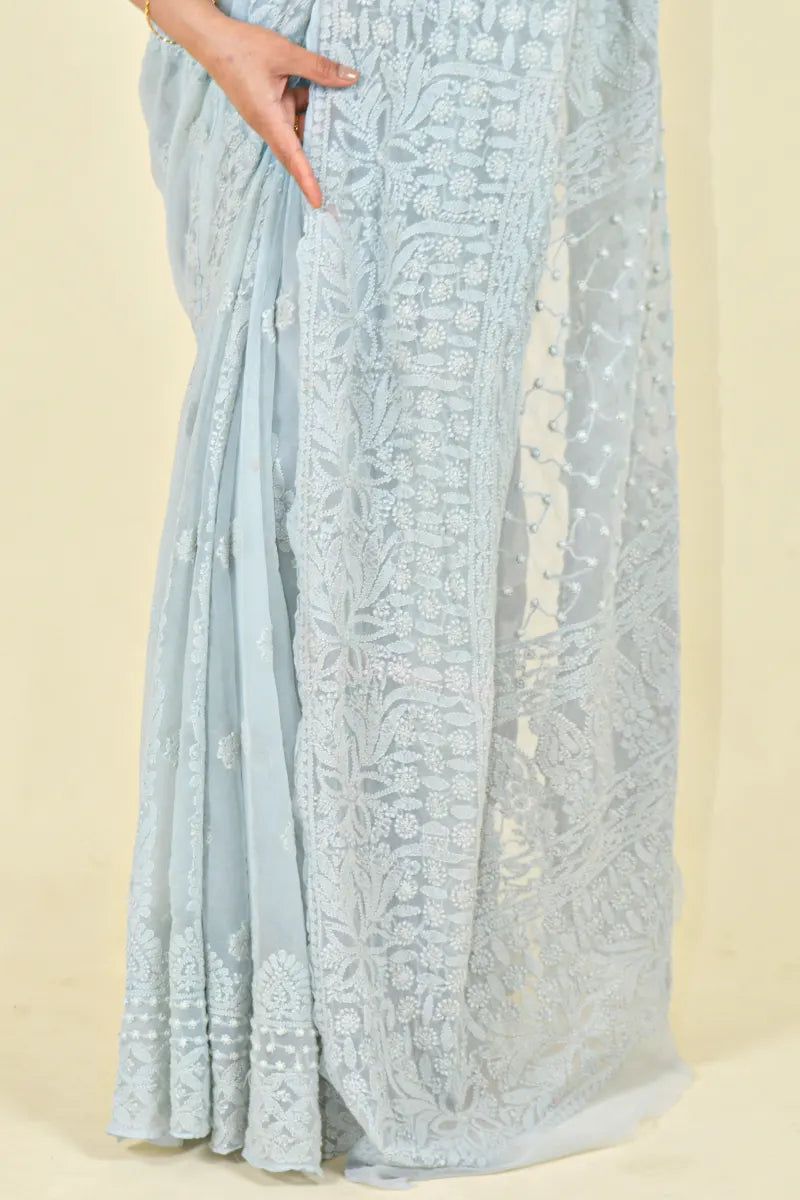 Gray Colour Georgette  Lucknowi Chikankari Saree With Blouse