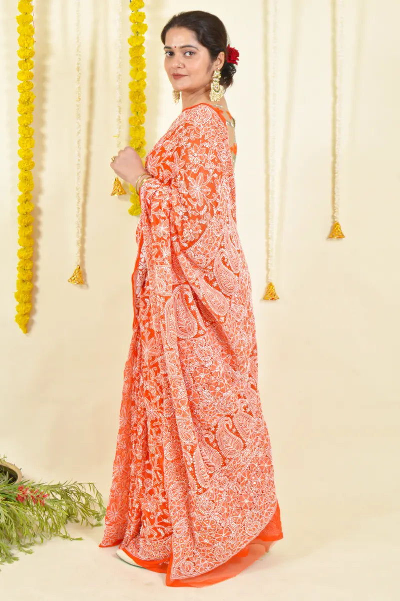 Orange Colour Georgette  Lucknowi Chikankari Saree With Blouse