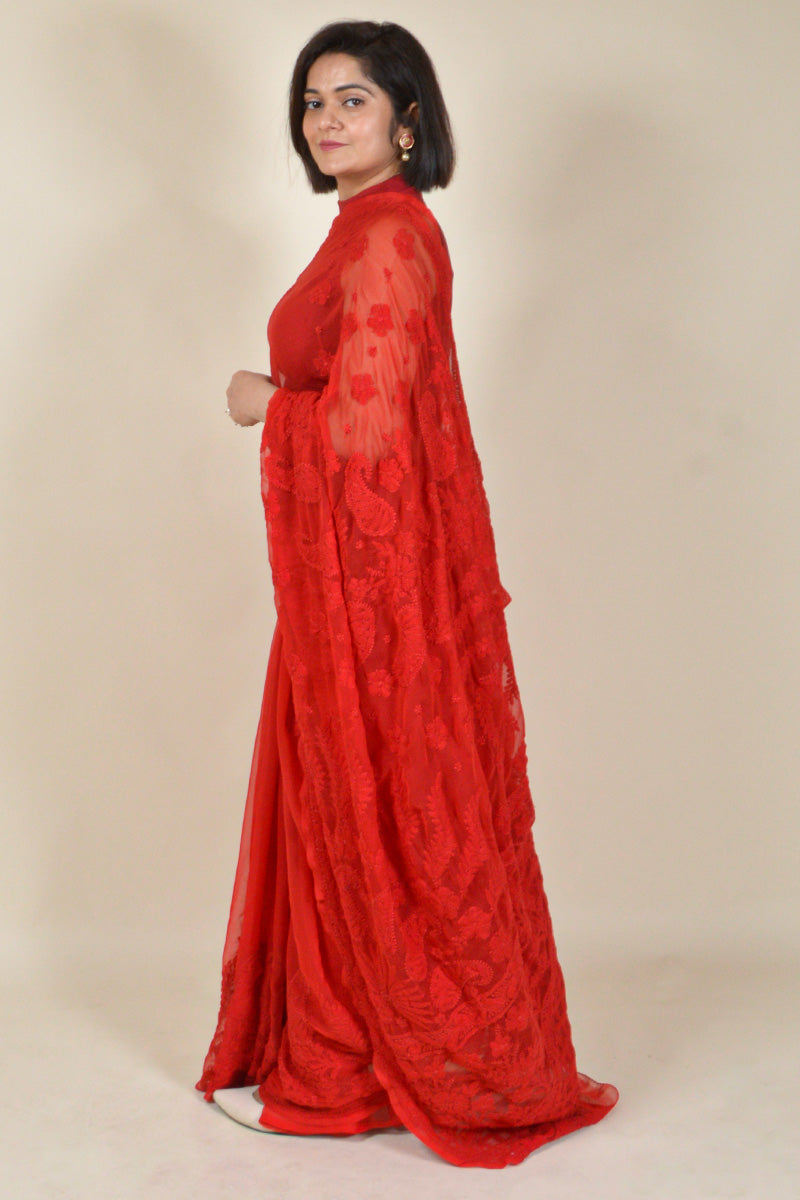 Red Colour Georgette Lucknowi Chikankari saree with Blouse