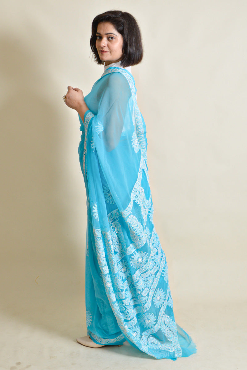 Aqua Blue Georgette Lucknowi Chikankari Saree With Blouse