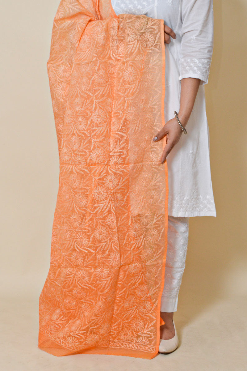 Orange color Kota cotton Allover Tepchi work  Lucknowi Chikankari Dupatta