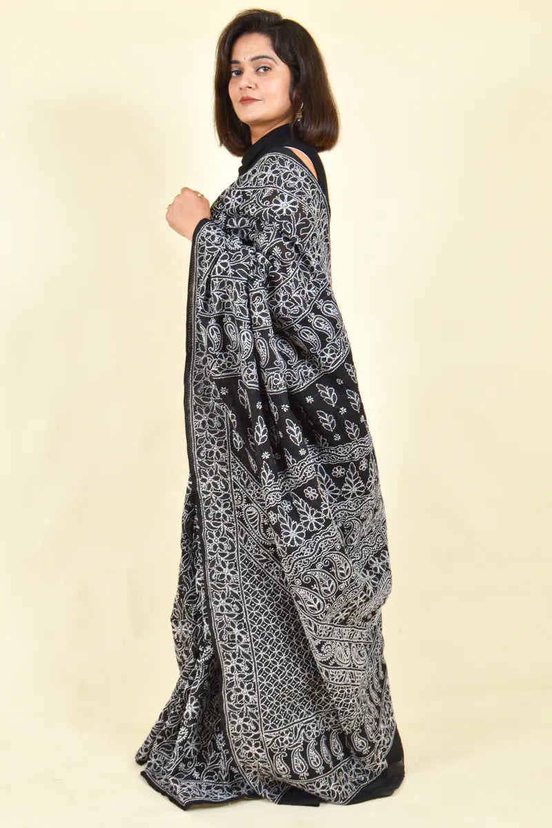 Black Colour Cotton Lucknowi Chikankari Saree With Blouse