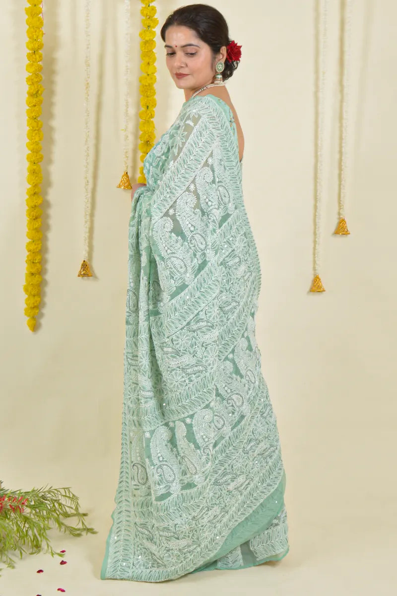 Fabnuma Handcrafted Pista Green Georgette Chikankari Saree-Blouse