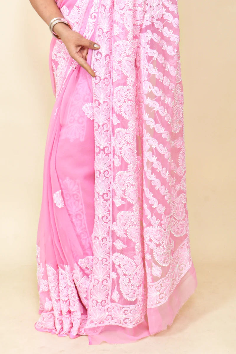 Pink Colour Georgette Lucknowi Chikankari Saree With Blouse