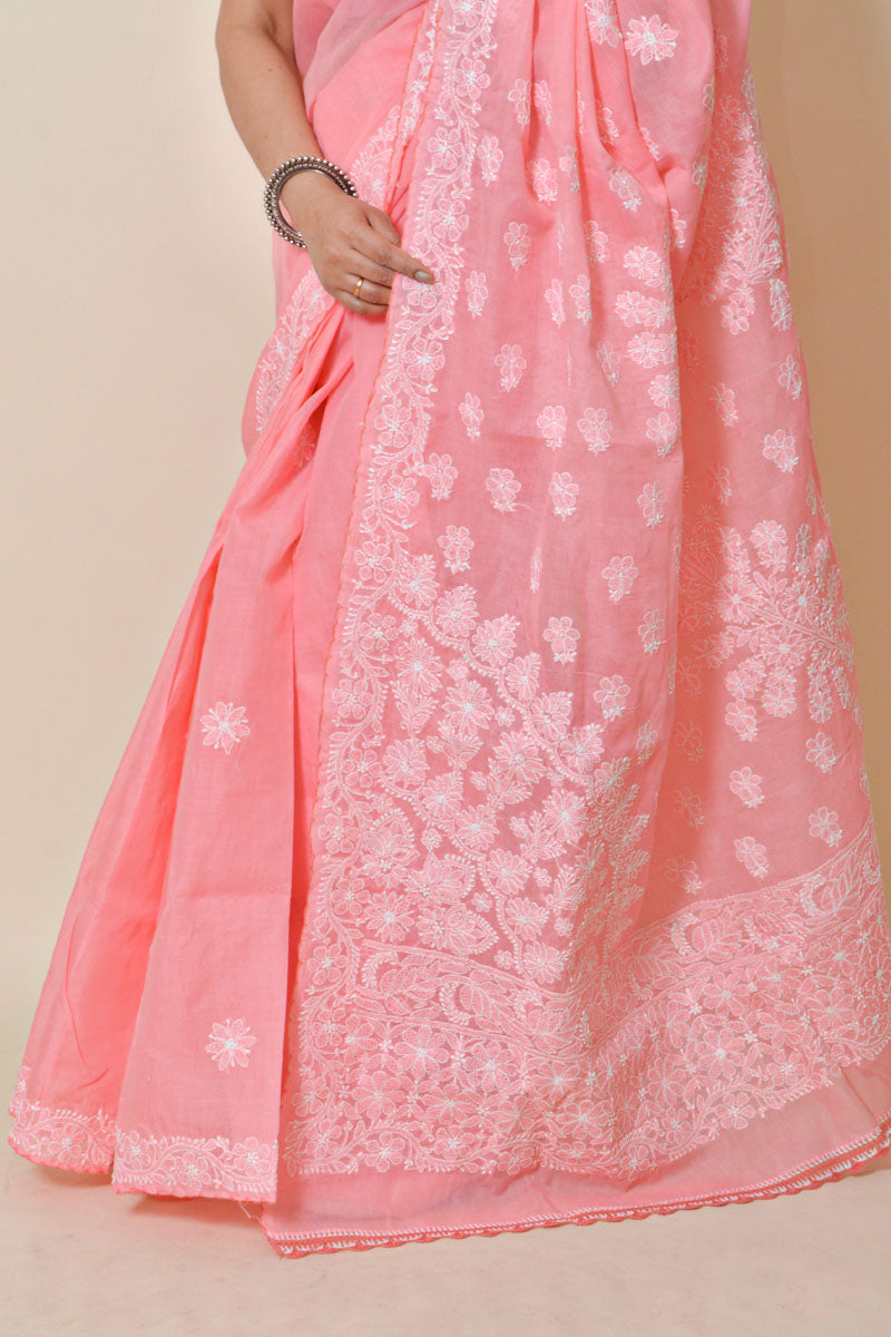 Peach Colour Lucknowi Chikankari Cotton Saree With Blouse