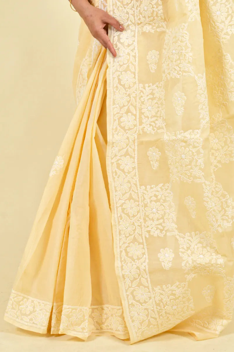 Beige Colour Cotton Lucknowi Chikankari Saree With Blouse