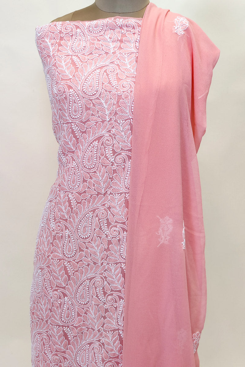 Peach Colour Georgette Lucknowi Chikankari 3pcs Unstiched Suit Set