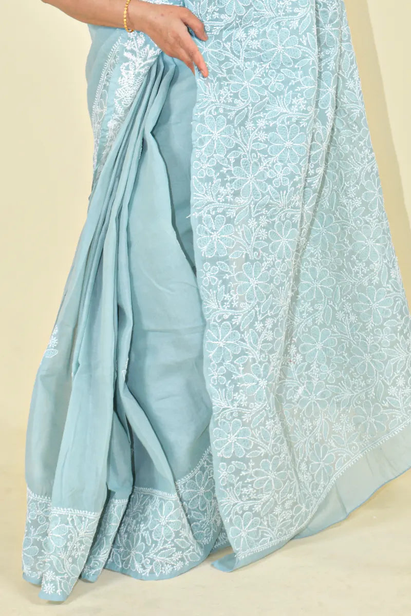 Bluesh Gray Colour Cotton Lucknowi Chikankari Saree With Blouse