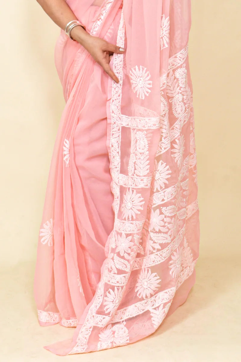 Peach Colour Georgette Lucknowi Chikankari Saree With Blouse