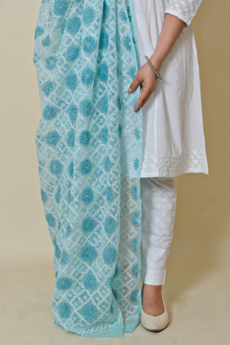 Sky Blue color Georgette Allover Tepchi work Lucknowi Chikankari Dupatta