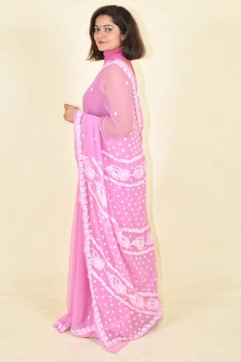 Pink Colour Georgette Lucknowi Chikankari Saree With Blouse