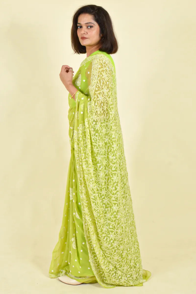 Green Colour Georgette Lucknowi Chikankari  Saree With Blouse