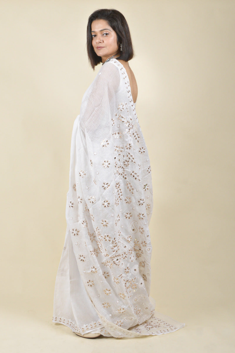 White Color Kota Cotton Lucknowi  Chikankari Saree with Blouse