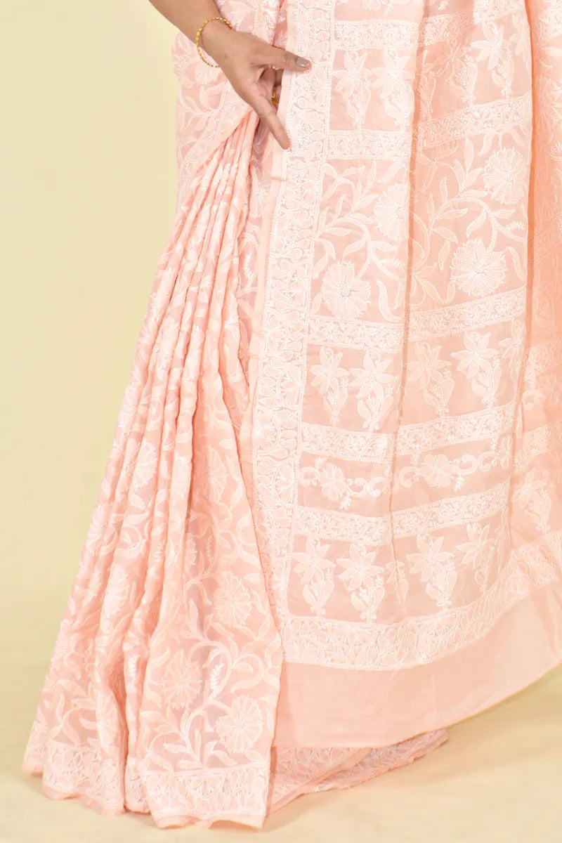 Peach Colour Cotton  Lucknowi Chikankari Saree With Blouse