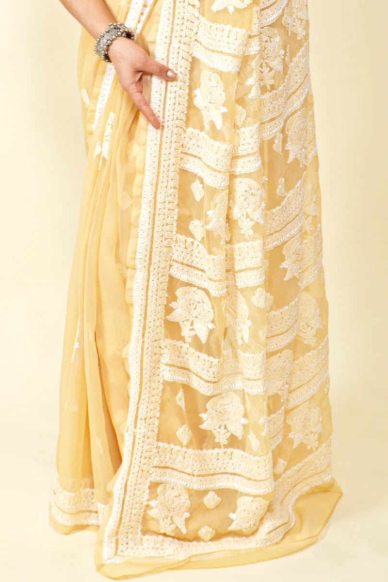 Fawn  Colour Georgette Lucknowi Chikankari Saree With Blouse