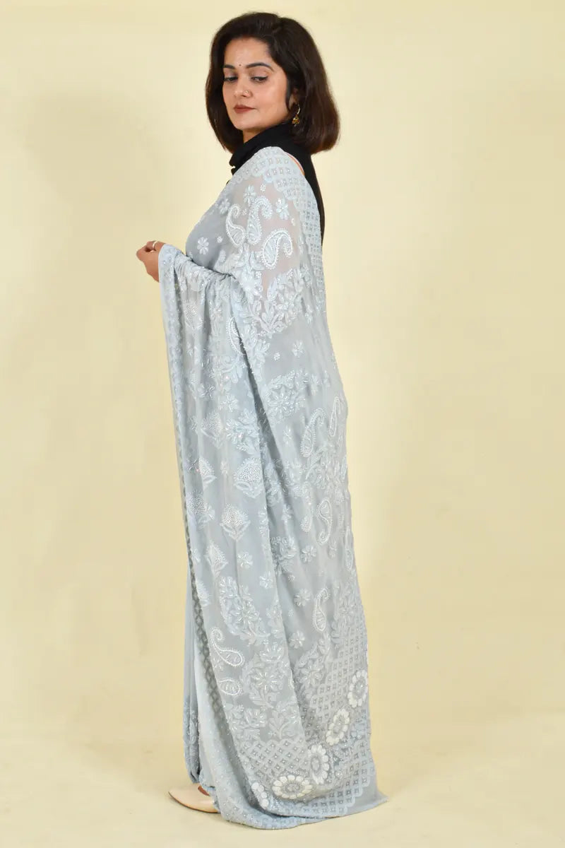 Gray Colour Georgette Lucknowi Chikankari Saree With Blouse