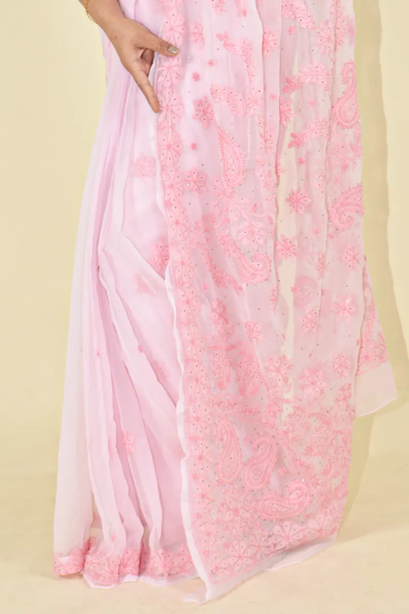 Pink Colour Georgette Lucknowi Chikankari Saree With Blouse