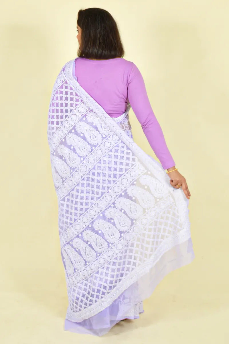 Lavender Colour Georgette Lucknowi Chikankari Saree With Blouse