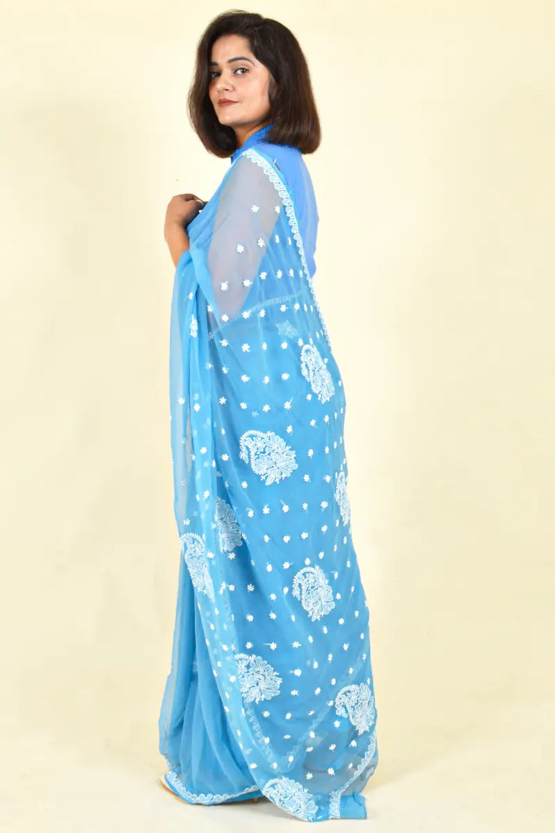 Fabnuma Handcrafted Aqua Blue Georgette Chikankari Saree-Blouse