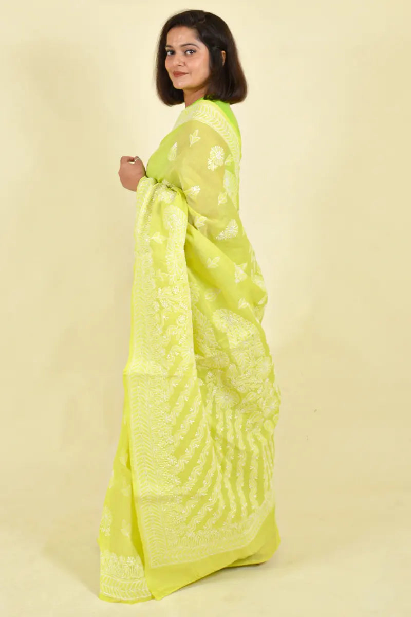 Lemon Green Colour Cotton Lucknowi Chikankari Saree With Blouse