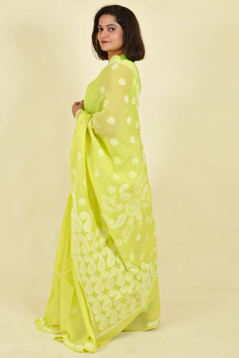 Lemon Green Colour Cotton Lucknowi Chikankari Saree With Blouse