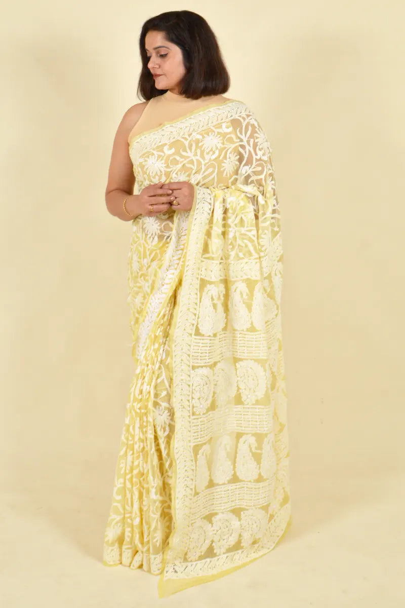 Fabnuma Handcrafted Lemon Georgette Chikankari Saree-Blouse