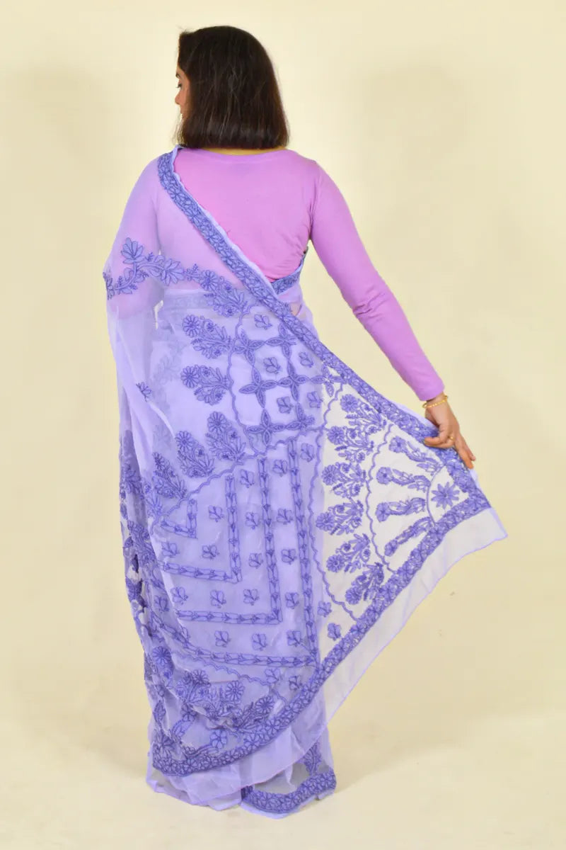 Lavender Colour Georgette Lucknowi Chikankari Saree With Blouse