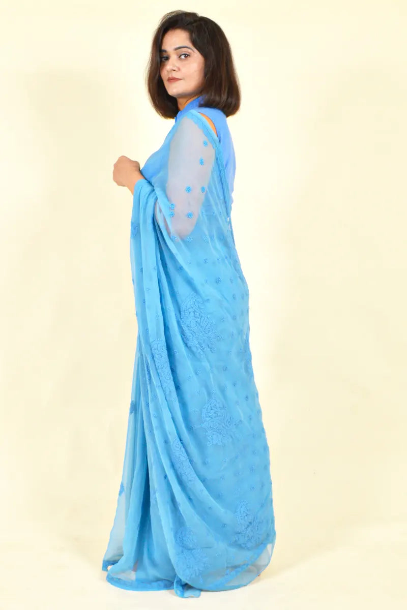 Fabnuma Handcrafted Turquoise Blue Georgette Chikankari Saree-Blouse