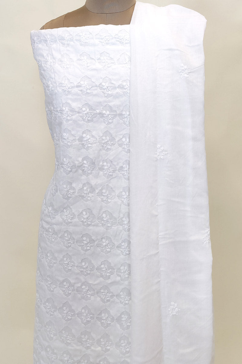 White Colour Cotton Lucknowi Chikankari 3pcs Unstiched Suit Set with Daraj Work