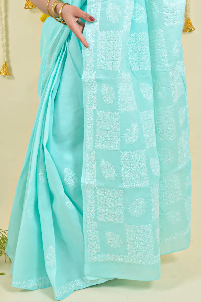 Sea Green Colour Cotton Lucknowi Chikankari Saree With Blouse